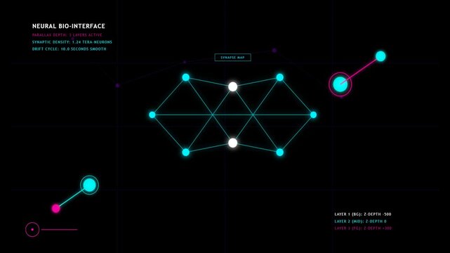 Futuristic Digital Neural Network Interface with Glowing Synapse Map Connection Lines Animation