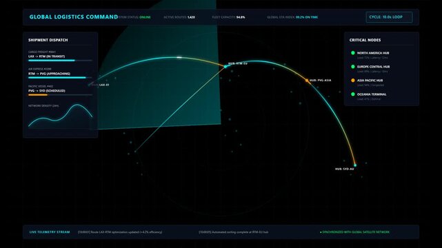 Futuristic Global Logistics Command Center Interface with Interactive Data Visualization HUD