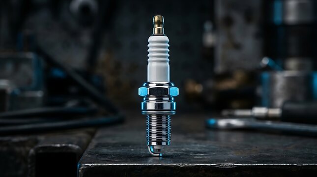 A detailed shot of an individual spark plug standing upright on a dark metal workbench surface, surrounded by tools and machinery in a professional auto repair garage