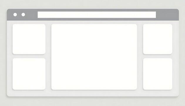 Website layout browser window with navigation bar and content boxes on gray background for mockup.