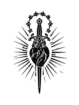 Sword pierces heart with ornate design, isolated on white background, a religious symbol concept for spiritual artwork