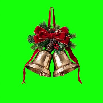 Christmas gold bells with red ribbon ornament swinging on green screen
