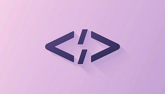 Programming code symbols <> icon with shadow on purple gradient background for development.