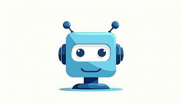Cute light blue robot character with antenna and big eyes for technology or AI concepts.
