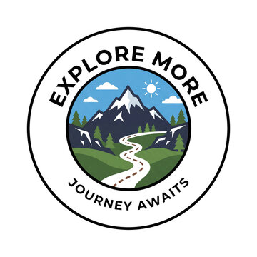 Mountain road with green hills, fir trees, and text EXPLORE MORE, JOURNEY AWAITS. Circular travel badge for outdoor road trips and hiking adventures.