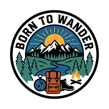 Mountain landscape with a backpack, compass, boot, campfire, and text BORN TO WANDER. Circular tourist emblem for outdoor recreation and camping.