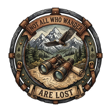 Wilderness exploration concept with retro scouting gear. Rustic circular emblem for travel branding.