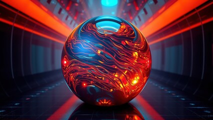 Fototapeta premium Glowing sphere dominates dark futuristic space. Red, blue light patterns swirl within reflective surface. Intense illumination creates dramatic effect.