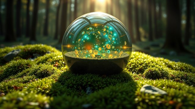 Glass sphere rests upon lush moss. Interior contains glowing orbs, miniature world within dark forest backdrop. Light shines brightly.