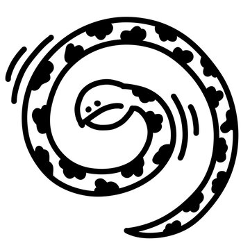 Coiled snake in swirling crescent shape, bold black-and-white line art, edgy mystical serpent illustration