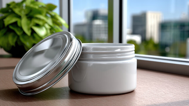 Empty white medical cream jar with metal lid on windowsill for healthcare packaging background and product mockup display