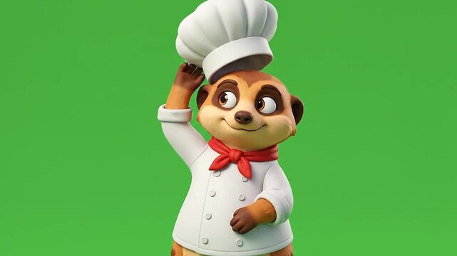 3D animated meerkat mascot wearing a professional chef hat and uniform on a green background