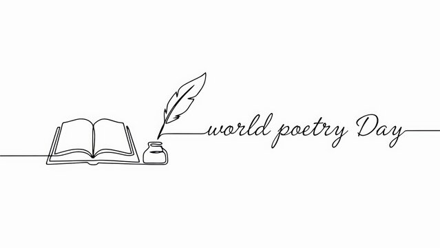 Minimalist continuous line art drawing of a book, inkwell, feather quill, and World Poetry Day text isolated on white background. Perfect for literary design concepts and.
