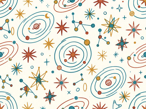 Seamless Space Pattern with Hand Drawn Planets and Stars