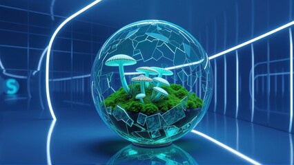 Fototapeta premium Glowing sphere contains moss, mushrooms. Futuristic tunnel surrounds it. Blue neon lights illuminate scene. Minimalist composition.