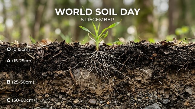World soil day concept with a young plant growing in soil layers, cross section showing different soil horizons and root system
