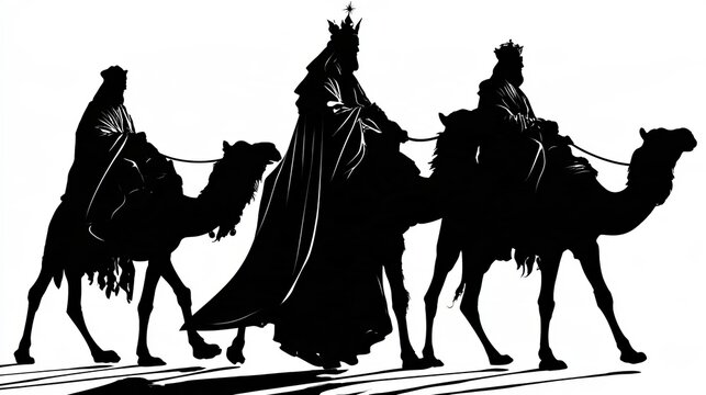 Three wise men riding camels, isolated on white background, representing the Christian biblical adoration scene