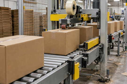 Automated tape sealer closes cardboard boxes on a roller conveyor in a packaging plant