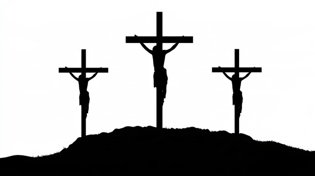 Silhouette of crosses and figures isolated on white background, representing Christian faith and symbolism in graphic art