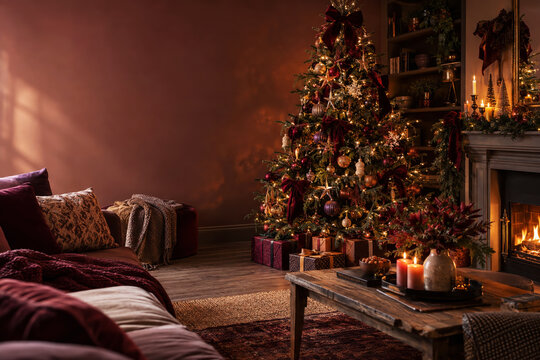 Deep red Christmas living room with velvet bows and richly decorated tree
