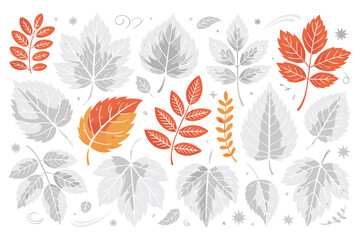 Fototapeta premium Set of hand drawn autumn leaves in orange and grey colors on a white background