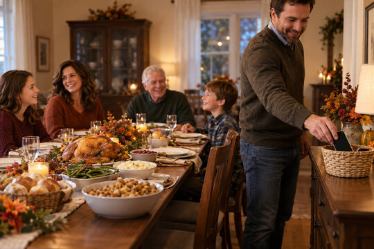 Family placing smartphones in a basket before sharing Thanksgiving dinner