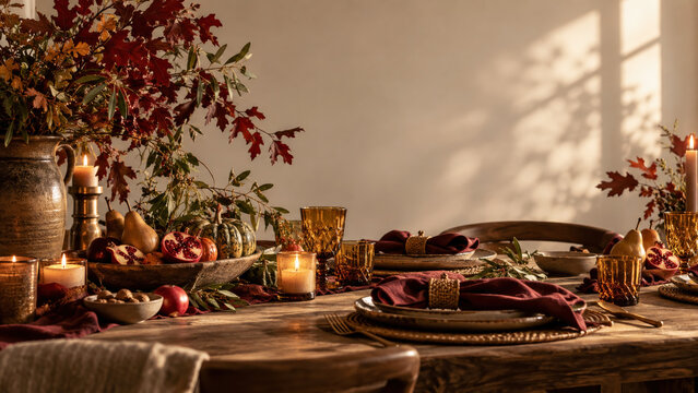 Warm Thanksgiving tablescape with amber glassware pomegranates and autumn branches