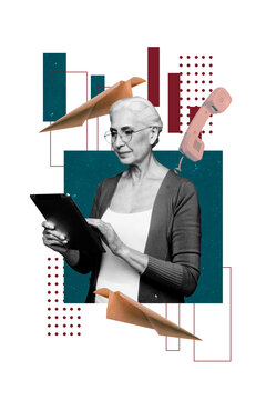 Trend artwork composite sketch image photo collage of&nbsp;workspace&nbsp;aged woman hand hold tablet paper plane fly landline phone call help line