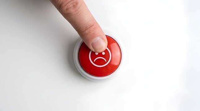 A finger presses a red feedback button featuring a prominent sad face emoji, clearly communicating dissatisfaction or a negative user experience