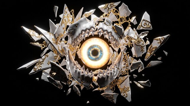 ​Giant Glowing Cyclops Eye Surrounded by Floating White Porcelain and Gold Shards