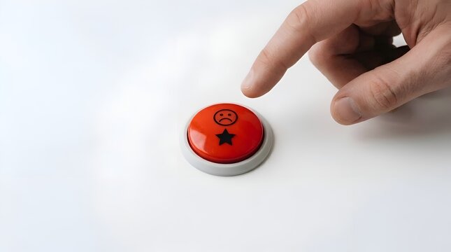 Finger about to press a red button with a sad face and a star symbol representing bad review or feedback