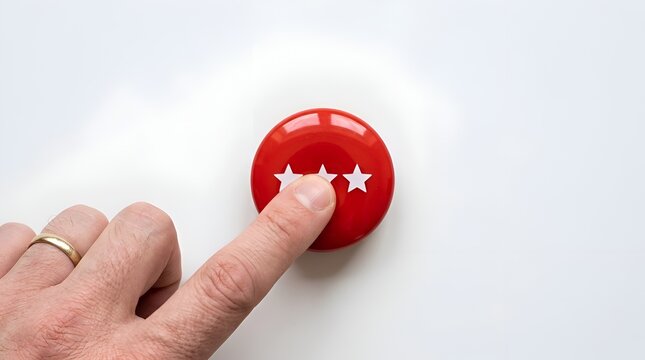 Finger pressing a red rating button with three stars on a clean white background