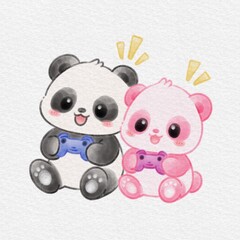 Cute Panda Couple with Blue and Pink Bows, Adorable Hand Drawn Illustration, Hand Drawn Watercolor Illustration. © Drawingwith