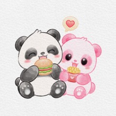 Cute Panda Couple Sharing a Burger and French Fries, Adorable Pink and Black Panda Illustration, Hand Drawn Watercolor Illustration. © Drawingwith