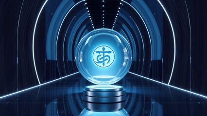 Fototapeta premium Futuristic tunnel focuses on glowing sphere. Blue light dominates scene, creating dramatic effect. Minimalist design emphasizes central object.