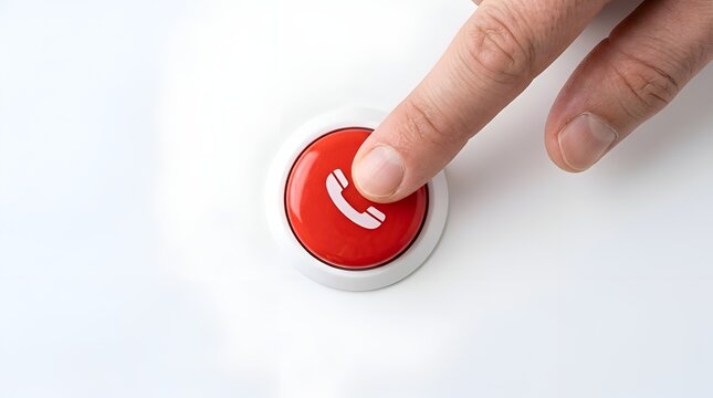 A Person Pressing a Red Emergency Button with a Phone Symbol for Quick Telecommunication Assistance or Immediate Customer Service Support Request
