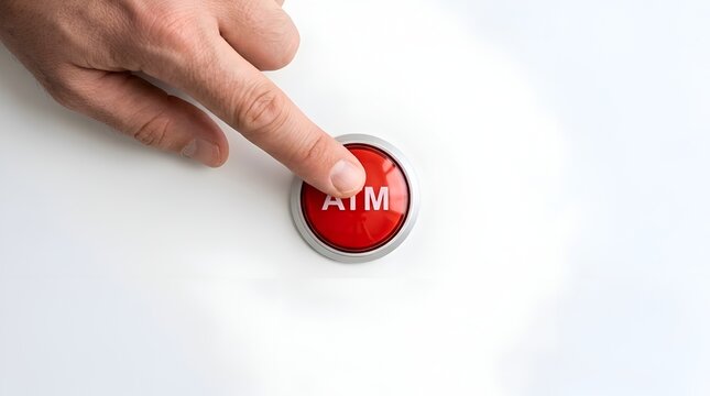 Close up of a human hand pressing a red circular button with the word ATM for a banking and finance concept isolated on white background