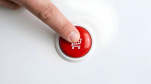 Close-up of a human finger pressing a vibrant red button featuring a shopping cart icon to symbolize e-commerce and digital consumer habits