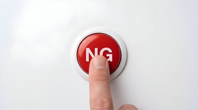 Finger pressing a red push button with NG text symbol on a white background representing rejection failure or wrong decision