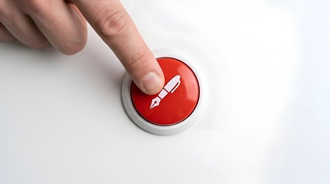 A hand pressing a large red push button with a fountain pen nib icon for creative writing and digital signature concept