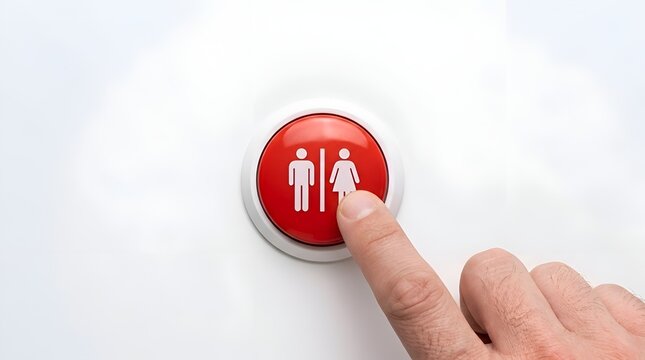 Finger pushing a big red toilet button with male and female restroom symbols on a white background