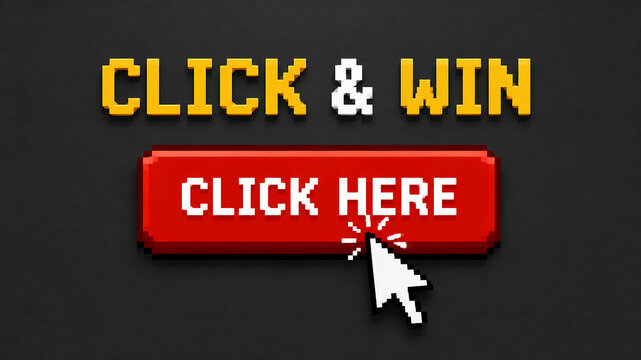 Pixel art graphic displaying the text "CLICK & WIN" and a red "CLICK HERE" button being pressed by a mouse cursor.