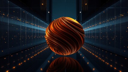 Fototapeta premium Striking sphere reflects within futuristic tunnel. Warm tones contrast cool blues, creating dynamic visual effect. Symmetry dominates composition.