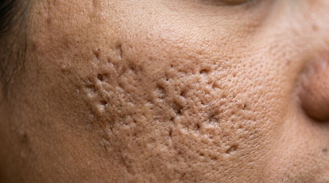 Close up detailed view of skin texture and facial surface imperfections showing fine lines and marks on the skin