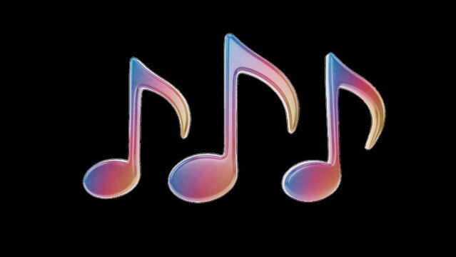 Colorful holographic music notes glow brightly against a dark background. Ideal for modern music festival and audio design concepts.