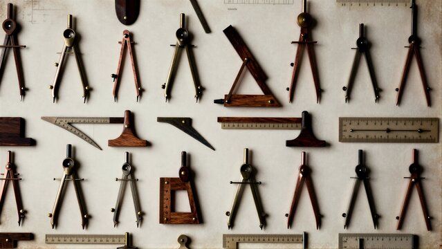 Arranged compasses and rulers on a clean, minimalist surface.