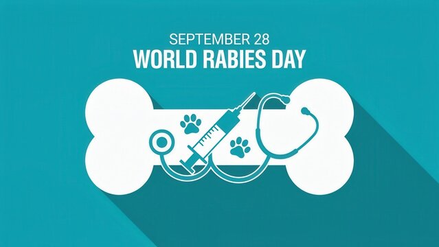 World Rabies Day banner with vaccine syringe and stethoscope on dog bone shape. Perfect for veterinary health awareness campaigns.