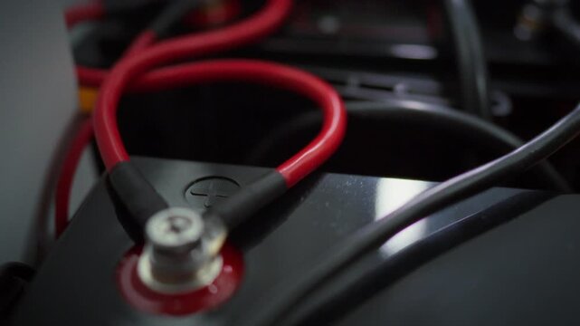 Close-up of plus symbol on battery casing with slow camera movement across power cables terminal clamps in background. Concept of autonomous home power supply and professional battery installation
