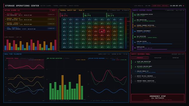 A dynamic Remotion animation showcasing a Storage Operations Center's battery alarms, thermal conditions, and safety status in a dark emergency operations layout with vibrant alarm colors.