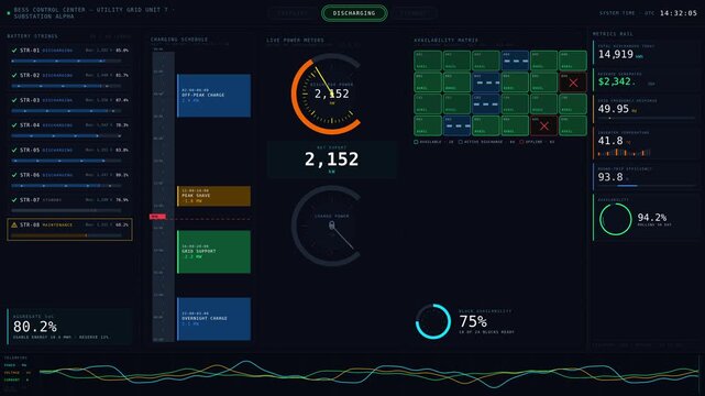 A sophisticated utility-scale battery control center interface showcasing charging, discharging, and availability metrics with a dark mode color palette and dynamic animations.